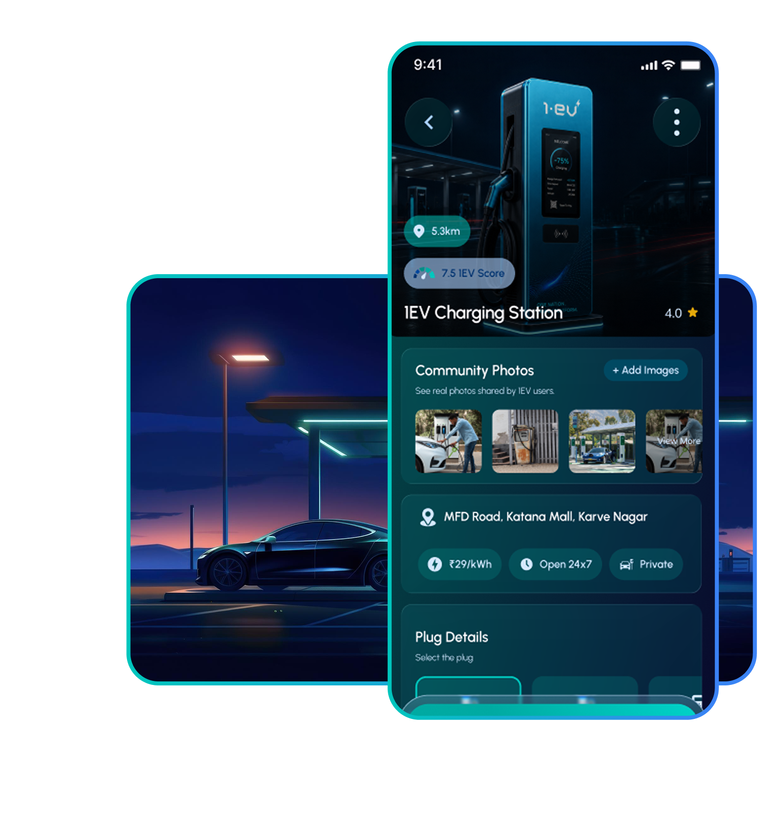 1EV app screen showing a charging station's details, community photos, and plug options