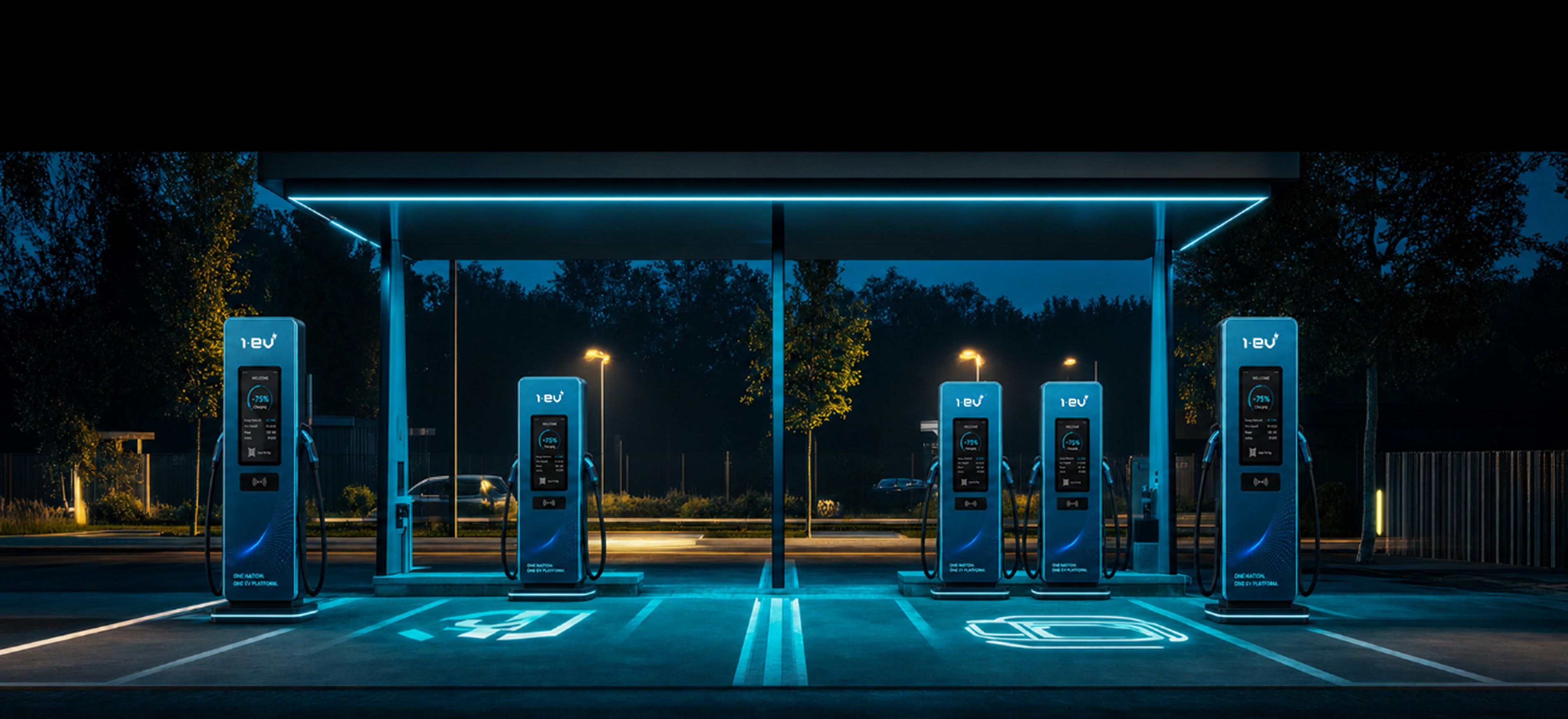EV chargers on the production line at night