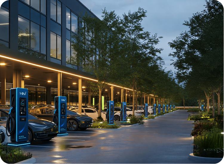 Row of EV charging bollards along a commercial office building at dusk