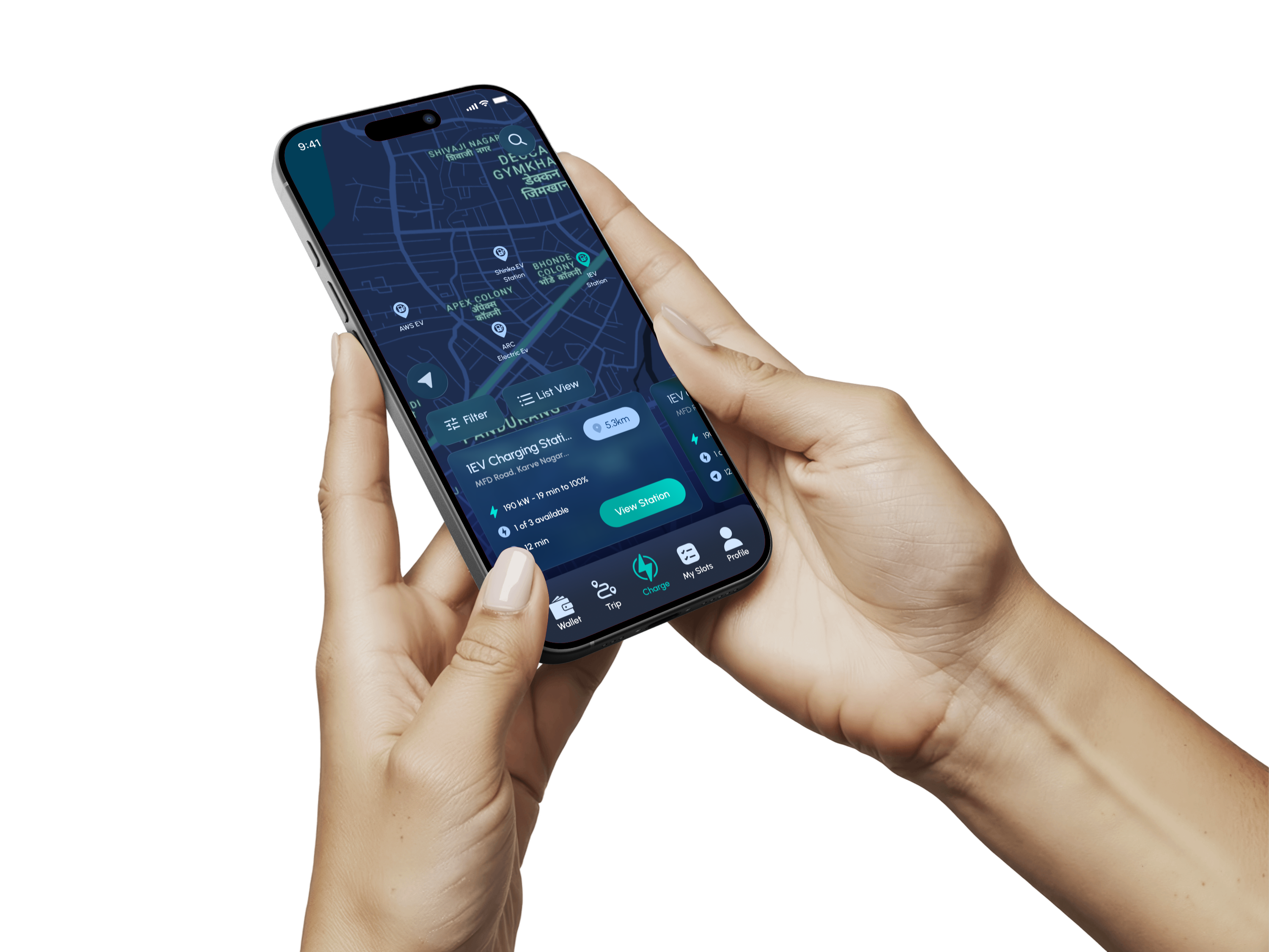 Hand holding a phone with the 1EV app open, showing a nearby charging station