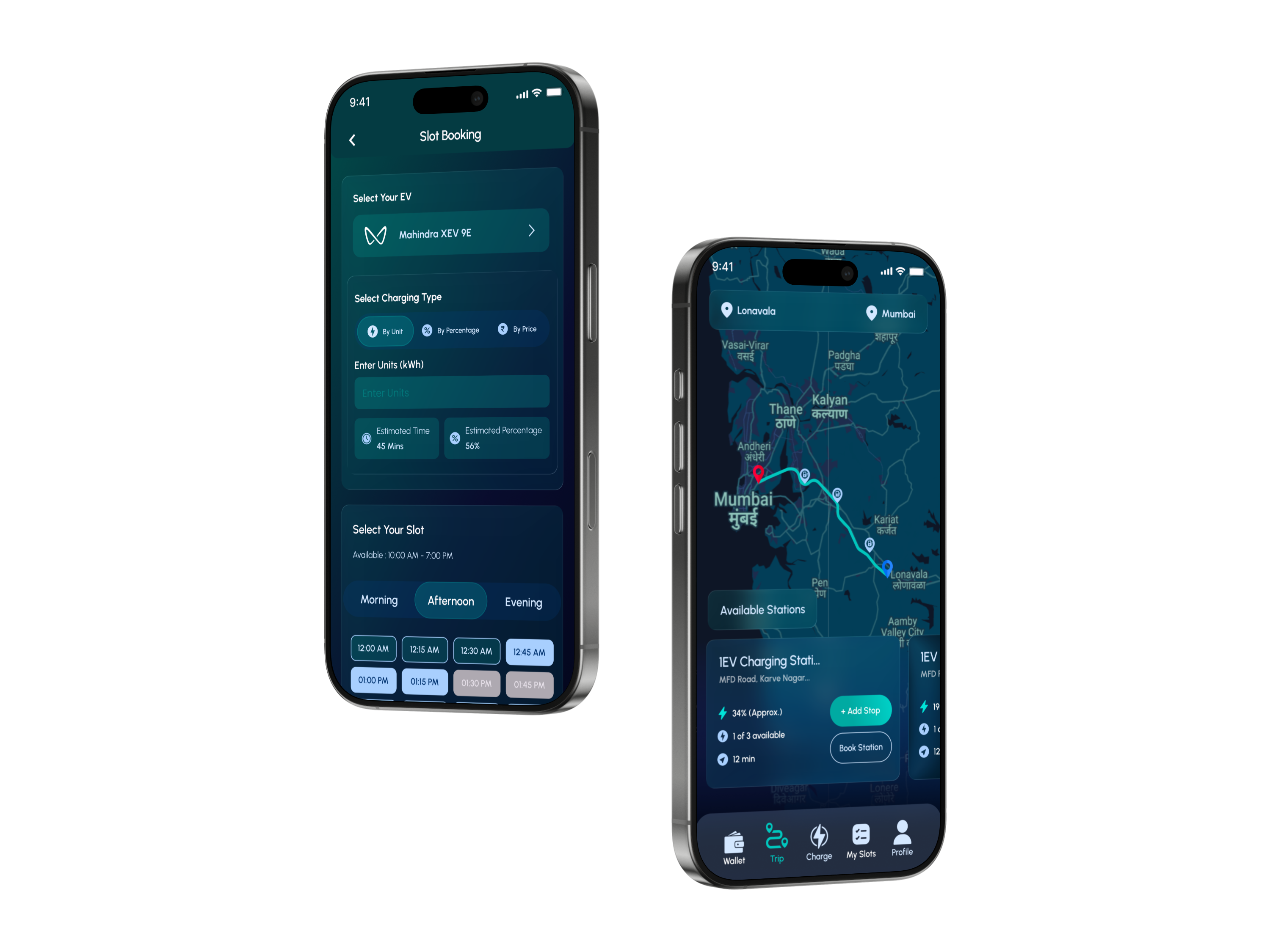 1EV app showing slot booking and live route navigation to a charging station