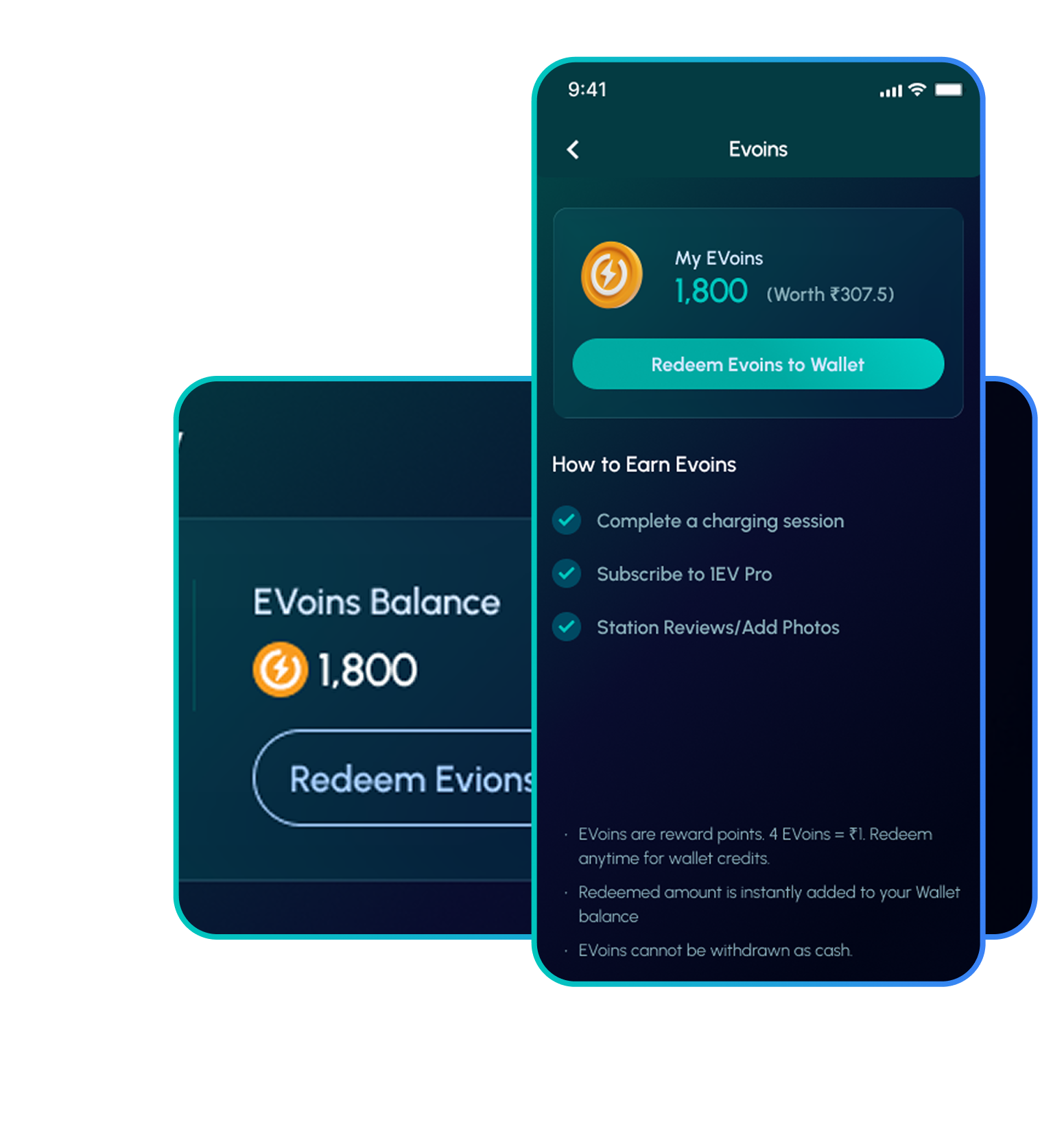 1EV app screen showing Evoins reward points and redemption options