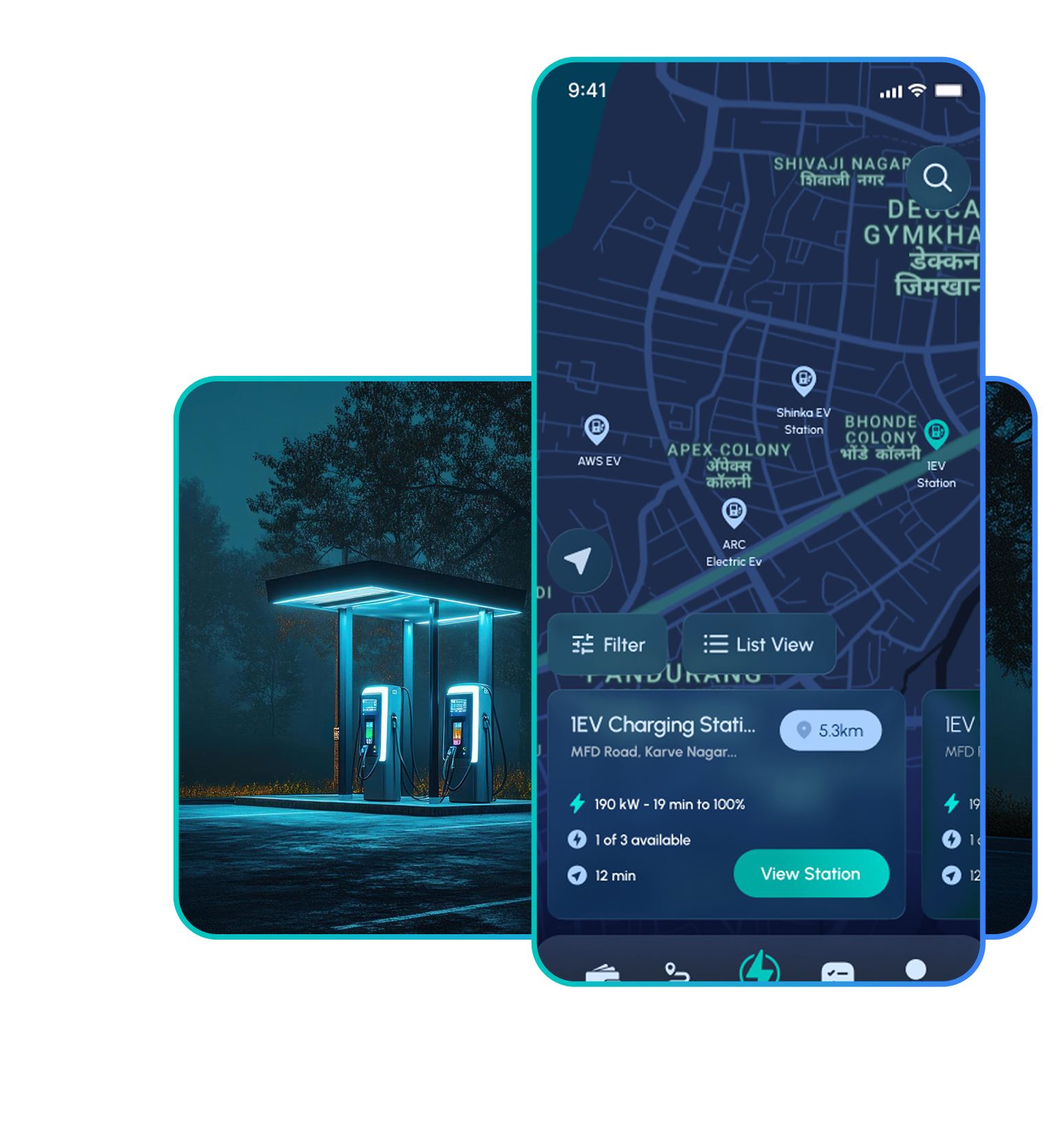 1EV app screen showing a live map with nearby charging stations