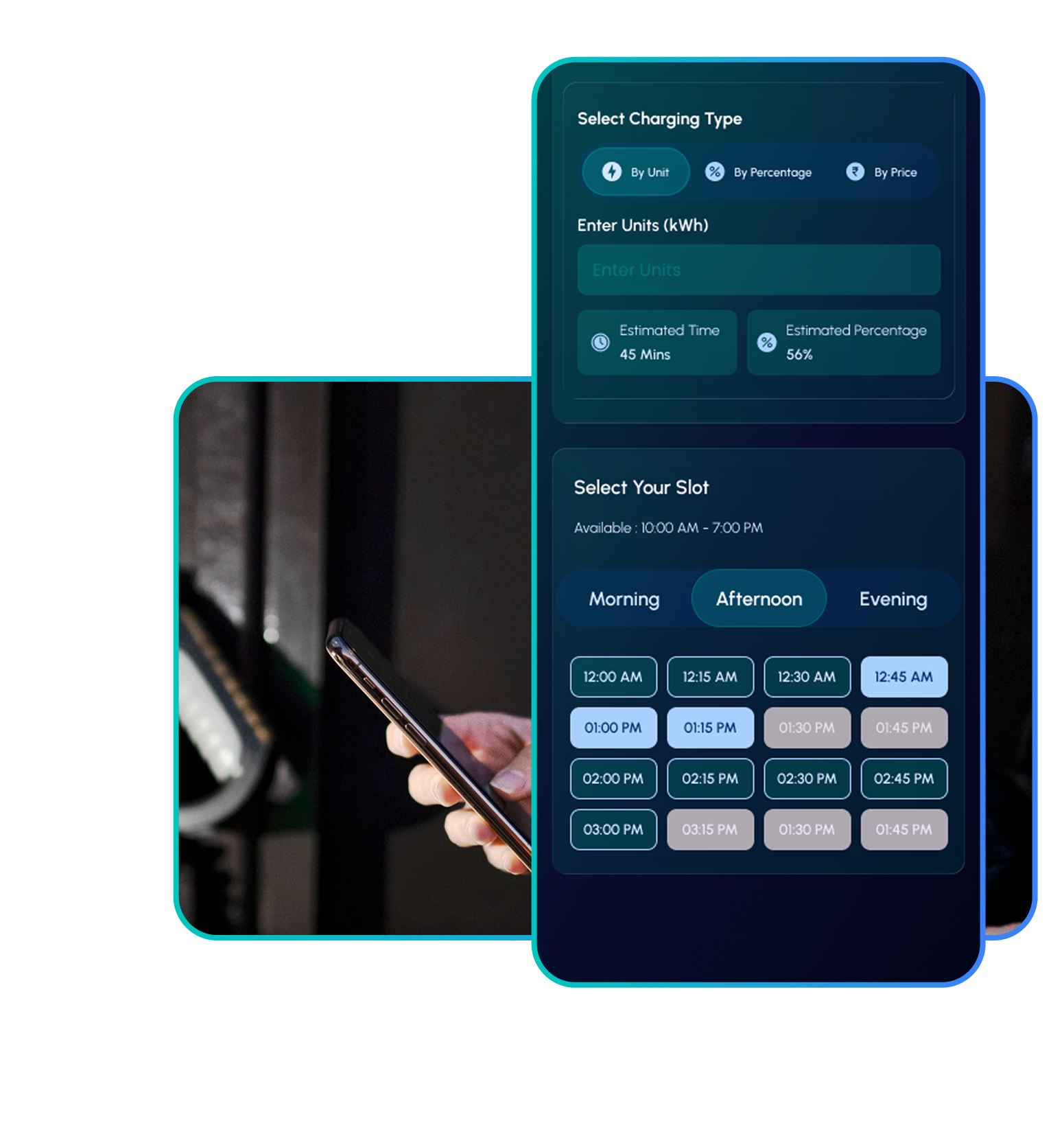 1EV app screen showing slot booking with EV, charging type, and time slot selection