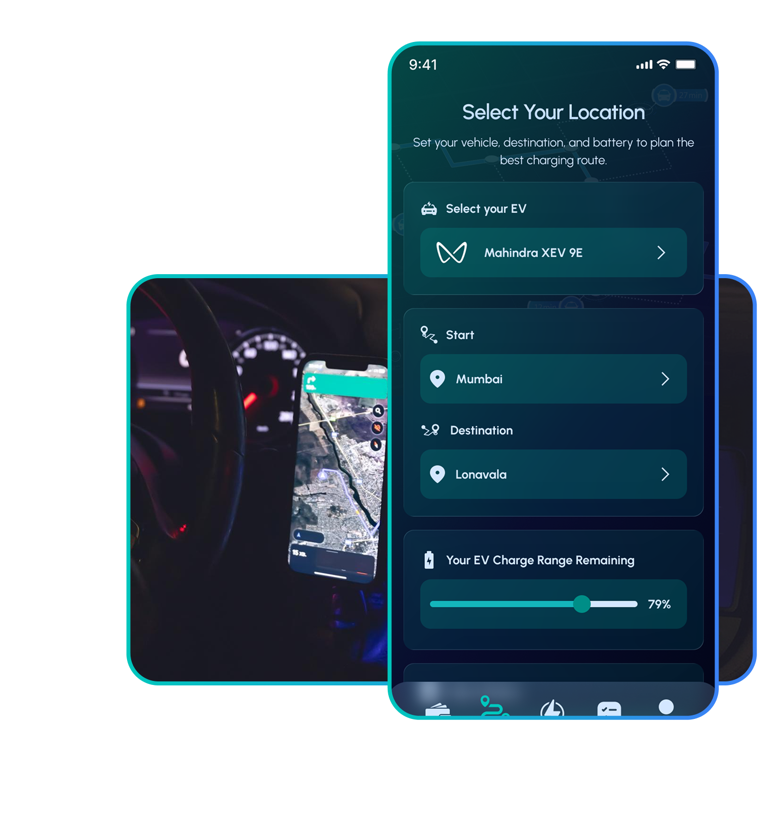 1EV app screen showing route selection with charging stops